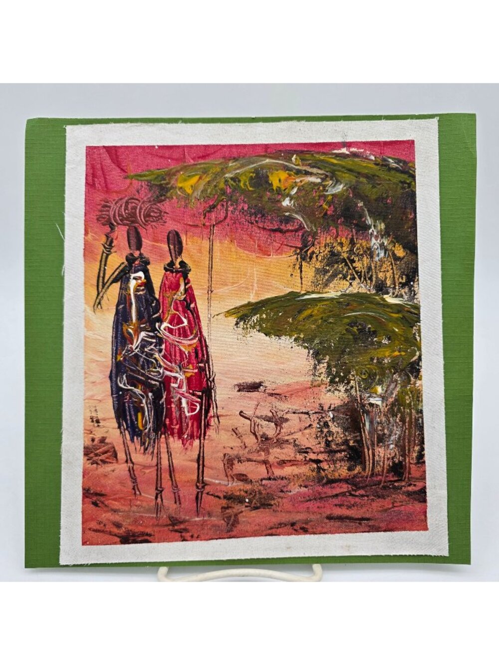 African Inspired Acrylic Painting On Canvas With Green Border 7.5"x9"